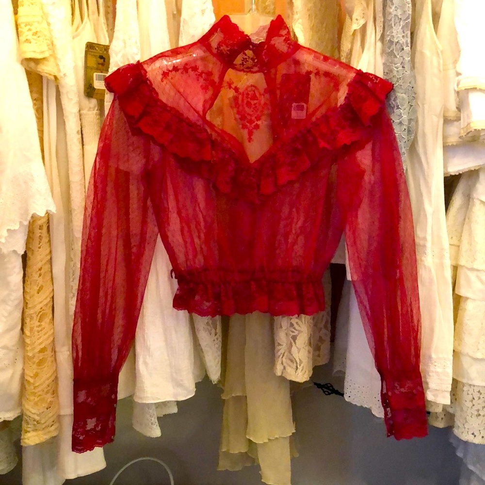 Antique vintage burgundy, red long sleeve lace top blouse, Boho, 70s 80s sexy